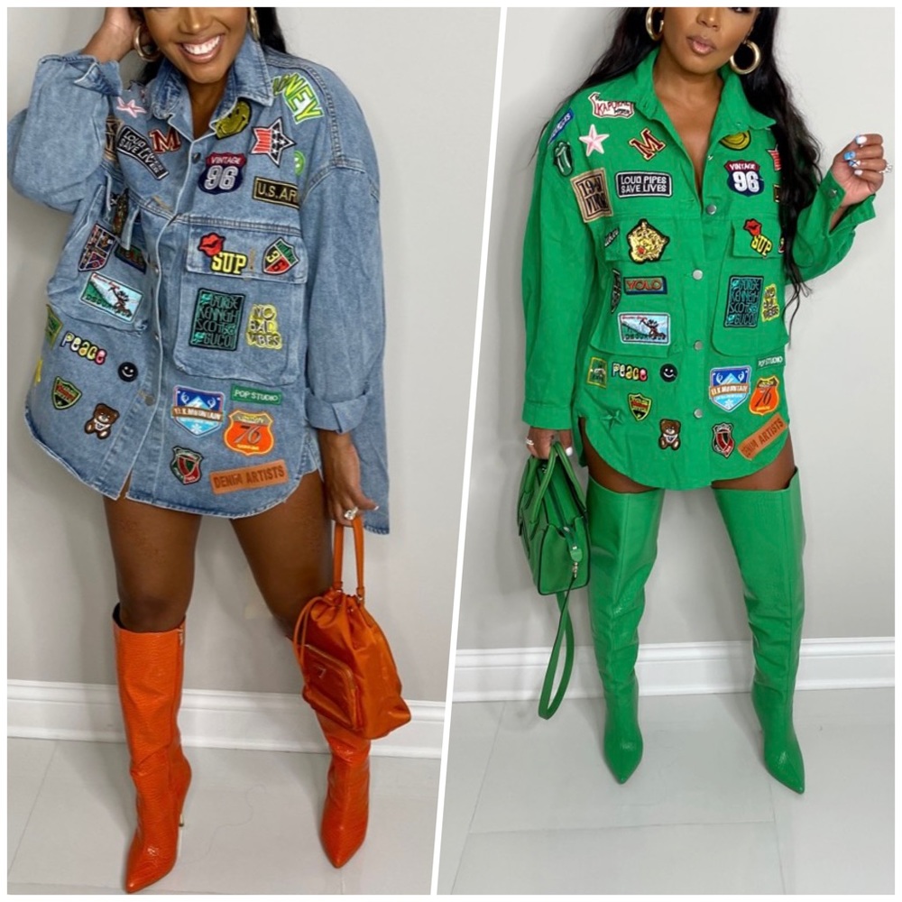 Oversized patched denim jacket,front button up,front pockets,patch design